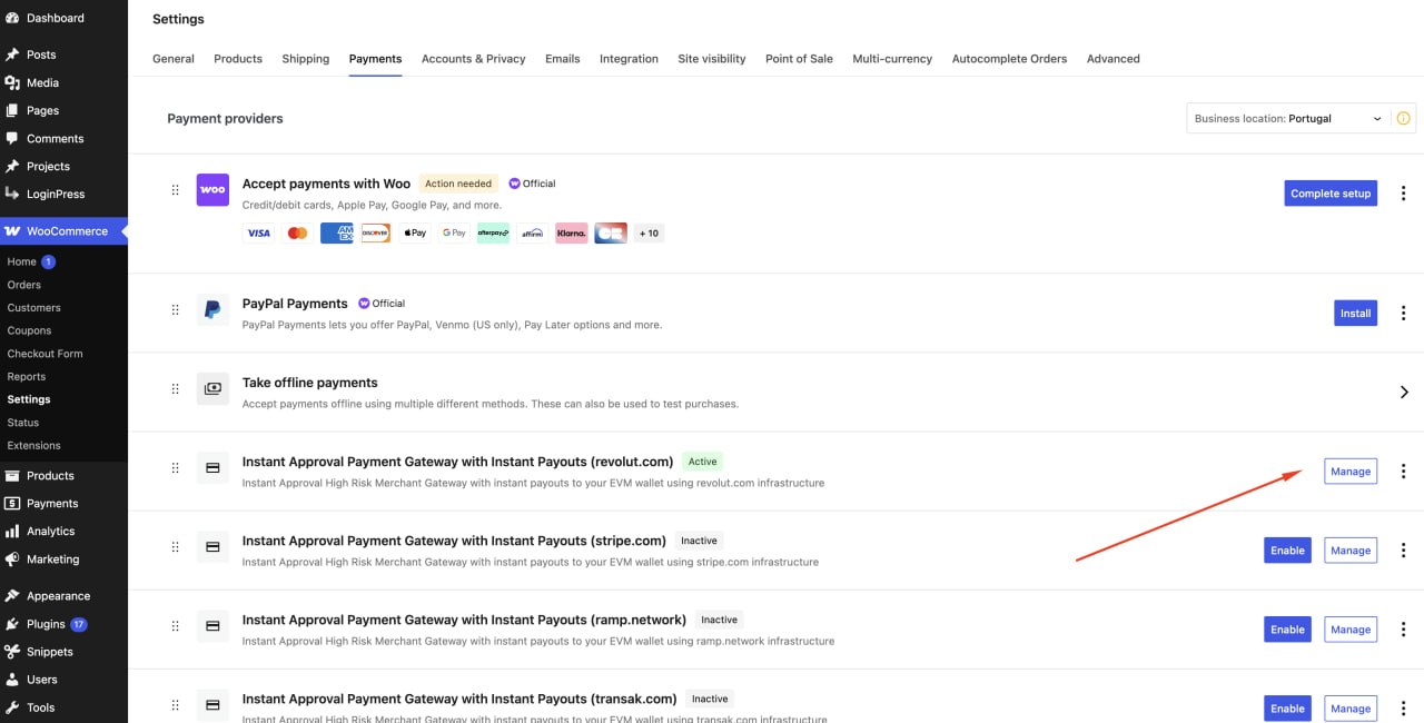 Open WooCommerce payment settings screenshot